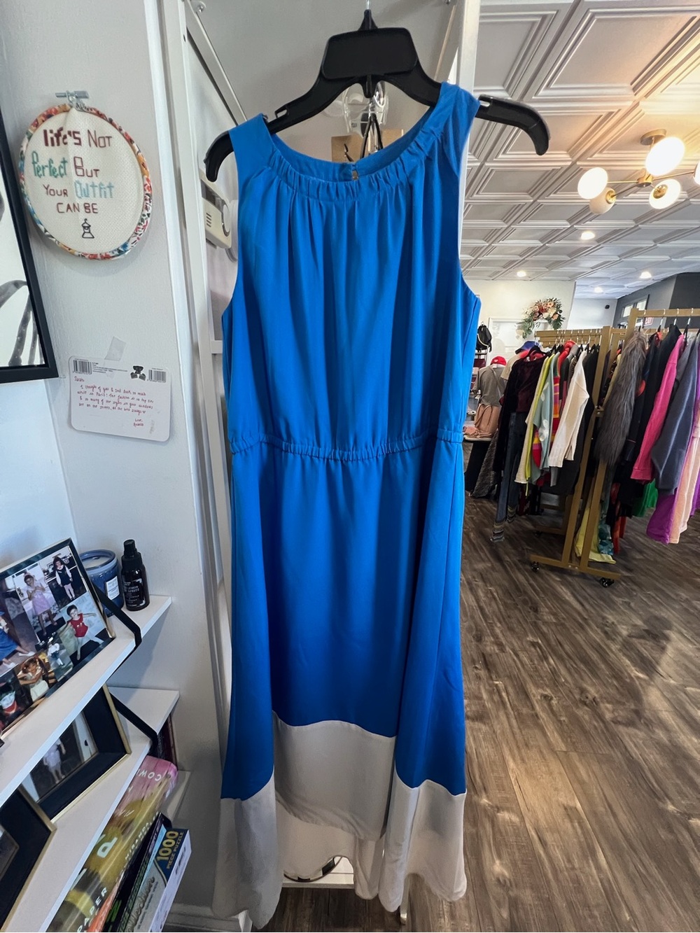 LOFT Blue Sleeveless Maxi Dress with Cream Hem